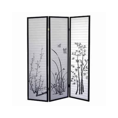 Naturistic Print Wood and Paper 3 Panel Room Divider, White and Black