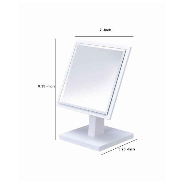 Square Makeup Mirror with Wooden Pedestal Base, White and Silver On