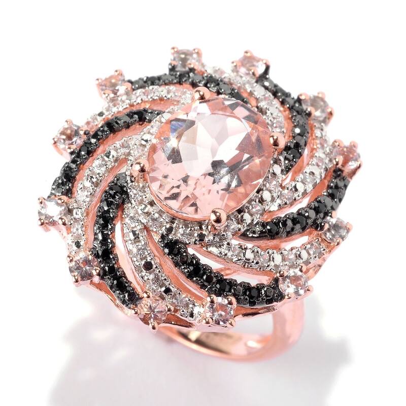 18K Rose Vermeil 2.9Ctw Morganite, Black Spinel & White Zircon Swirl Ring