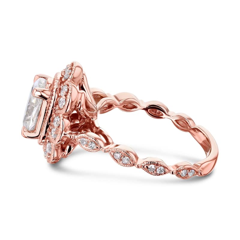 Kobelli 1.8 Carats Moissanite & Natural Diamond 10k Solid Rose Gold Vintage Filigree Halo Royal Floral Oval Ring