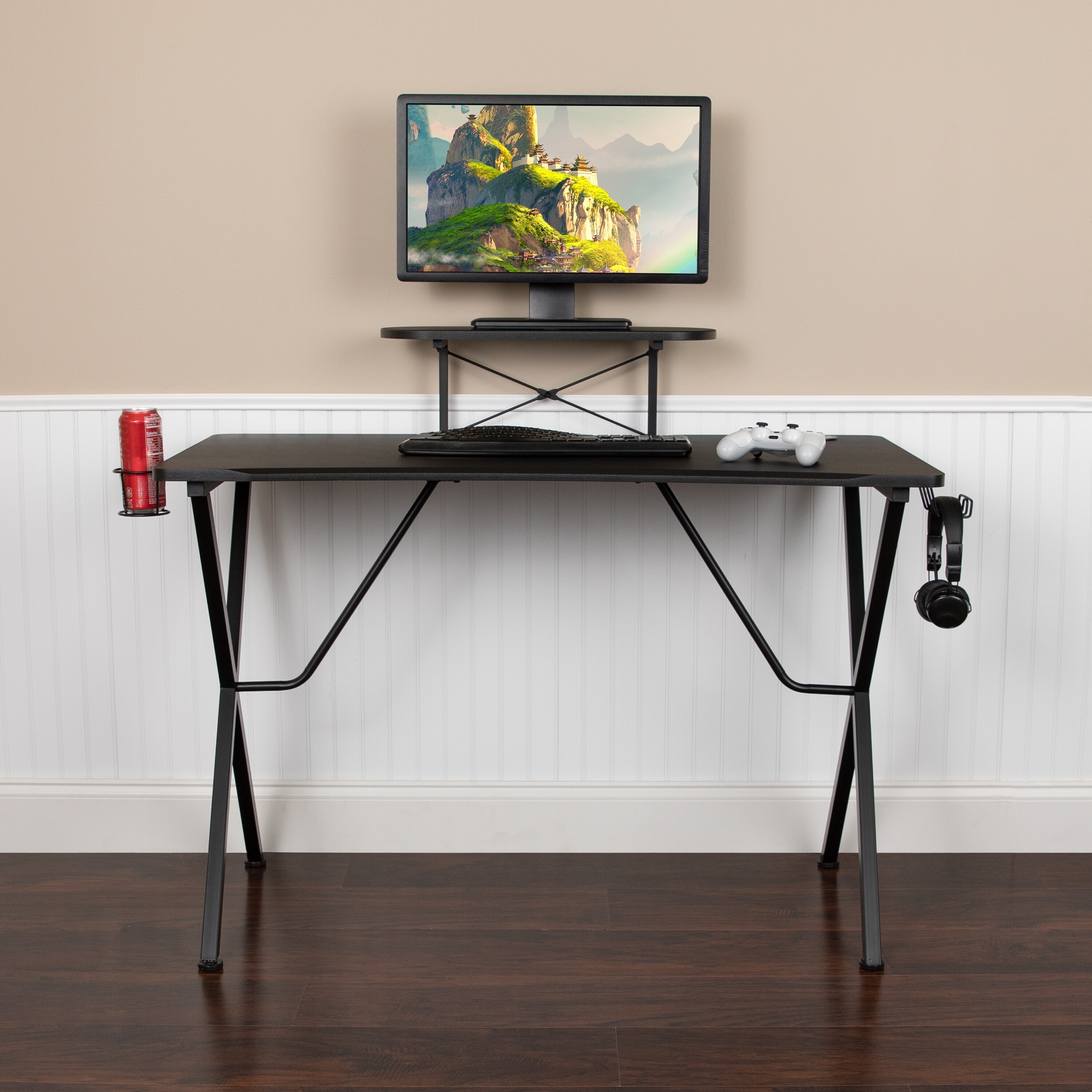 Shop Black Gaming Desk With Cup Holder Headphone Hook And