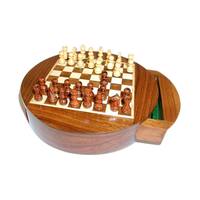 6" Magnetic Round Wood Inlaid Chess Set with Slide Drawer