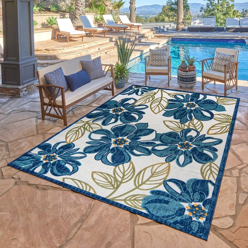 Gertmenian Fosel Solin Aqua Blue Modern High-Low Floral Indoor/ Outdoor Area Rug