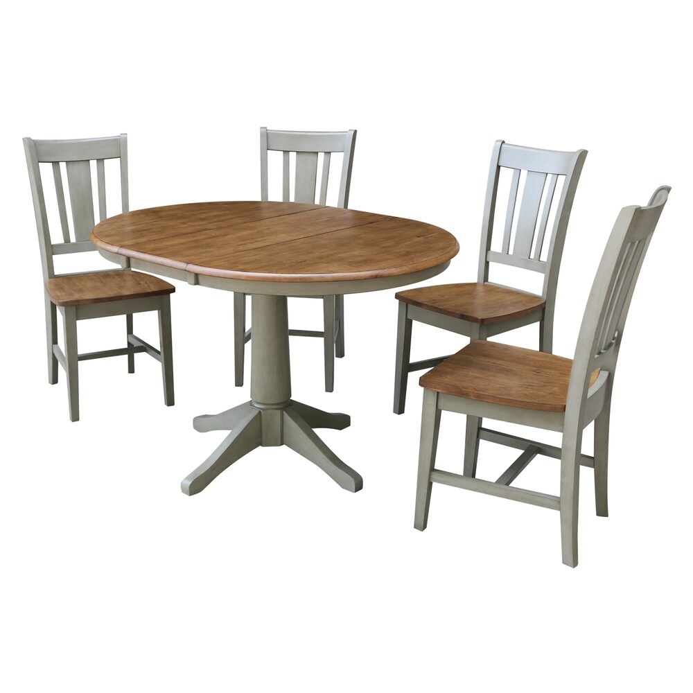 International Concepts 36 inch Round Extension Dining Table With 4 San Remo Chairs - Set of 5 Pieces (Round - 4 - Hickory/Stone)