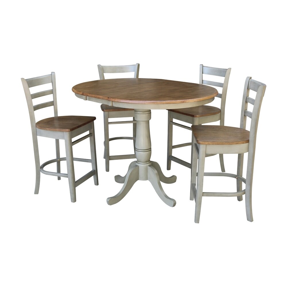 International Concepts 36 inch Round Extension Dining Table With 4 Emily Counter Height Stools - Set of 5 Pieces (Round - 4 - Hickory/Stone)