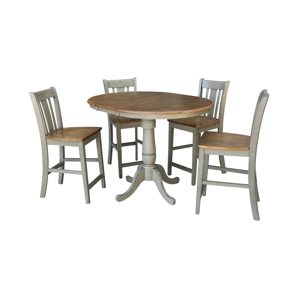 International Concepts 36 inch Round Extension Dining Table With 4 San Remo Counter Height Stools - Set of 5 Pieces (Round - 4 - Hickory/Stone)