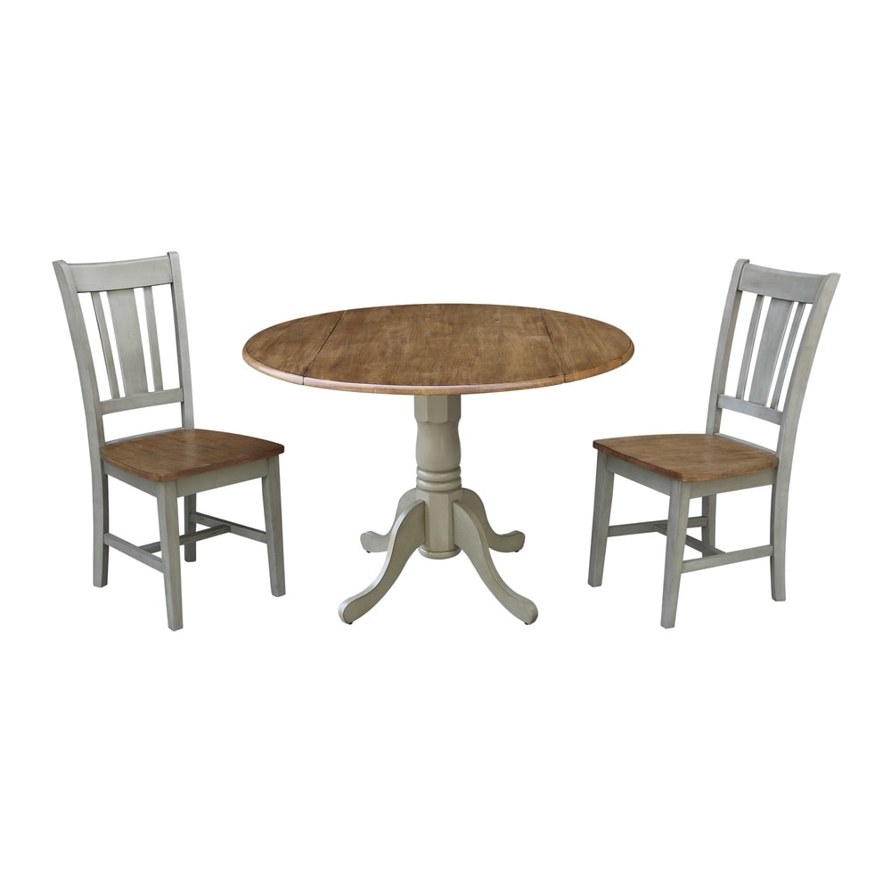 International Concepts 42 inch Dual Drop Leaf Table With 2 San Remo Side Chairs - Set of 3 Pieces (Hickory/Stone - Round - 2)