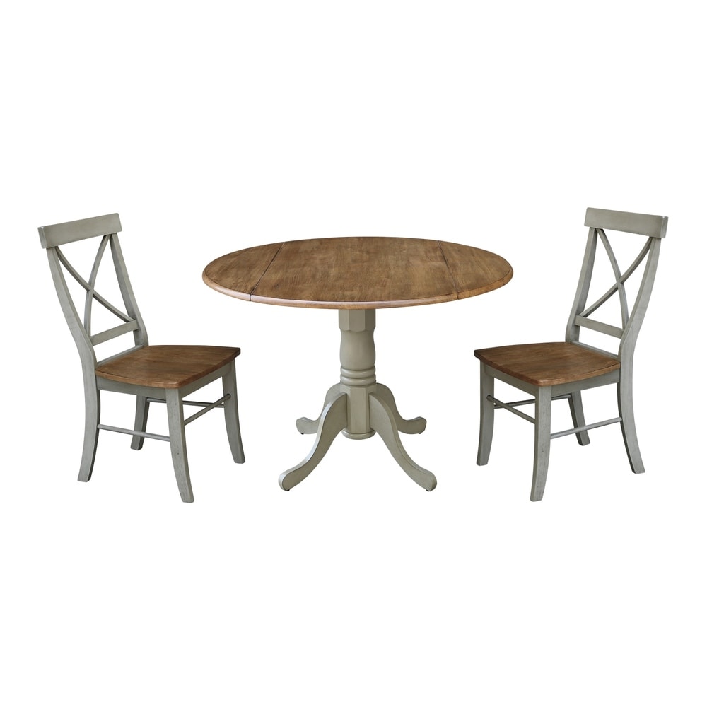 International Concepts 42 inch Dual Drop Leaf Table With 2 X-Back Chairs - Set of 3 Pieces (Hickory/Stone - Round - 2)
