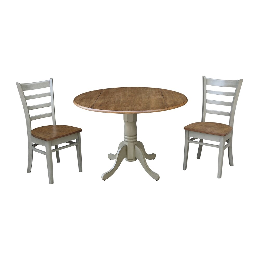 International Concepts 42 inch Dual Drop Leaf Table With 2 Emily Side Chairs - Set of 3 Pieces (Hickory/Stone - Round - 2)