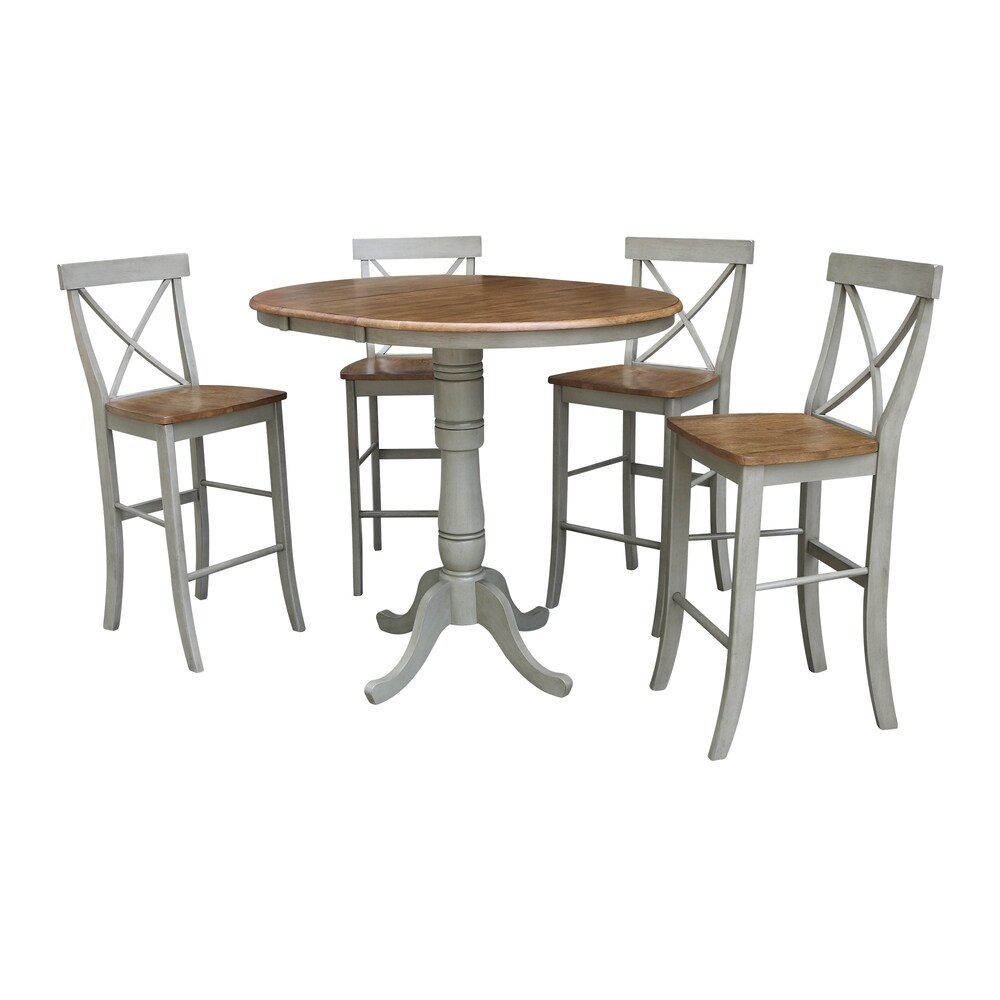 International Concepts 36 inch Round Extension Dining Table With 4 X-back Bar Height Stools - Set of 5 Pieces (Round - 4 - Hickory/Stone)