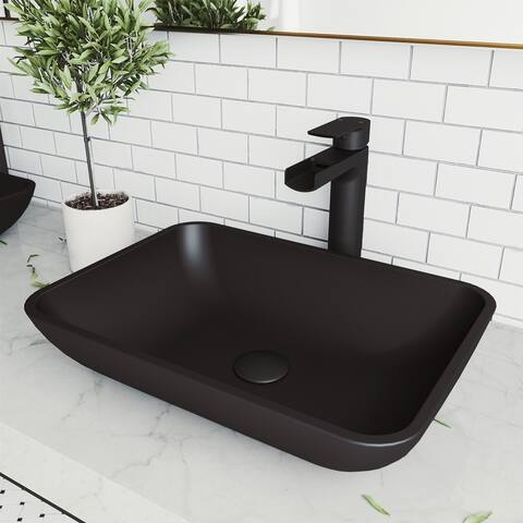 Sottile Glass Rectangle Vessel Bathroom Sink Set With Amada Faucet in Matte Black
