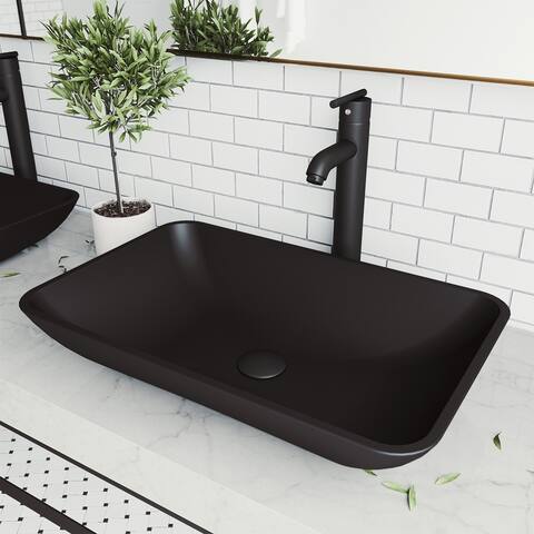 Hadyn Glass Rectangle Vessel Bathroom Sink Set With Seville Faucet in Matte Black