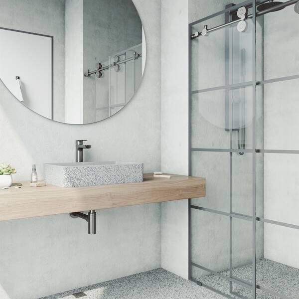 Cast Stone Dahlia Concrete Rectangular Vessel Bathroom Sink in Ash Gray with Faucet and Pop-Up Drain in Graphite Black Cast Stone Dahlia Concrete Rectangular Vessel Bathroom Sink in Ash Gray with Faucet and Pop-Up Drain in Graphite Black