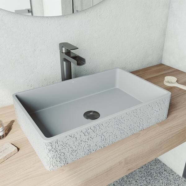 Cast Stone Dahlia Concrete Rectangular Vessel Bathroom Sink in Ash Gray with Faucet and Pop-Up Drain in Graphite Black Cast Stone Dahlia Concrete Rectangular Vessel Bathroom Sink in Ash Gray with Faucet and Pop-Up Drain in Graphite Black