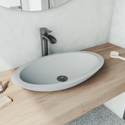 Yarrow Oval Concrete Vessel Bathroom Sink Set in Ash with Faucet in Graphite Black