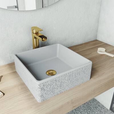 Aster Square Concrete Vessel Bathroom Sink Set in Ash with Faucet in Matte Gold
