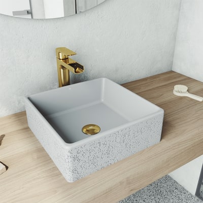 Aster Square Concrete Vessel Bathroom Sink Set in Ash with Faucet in Matte Gold