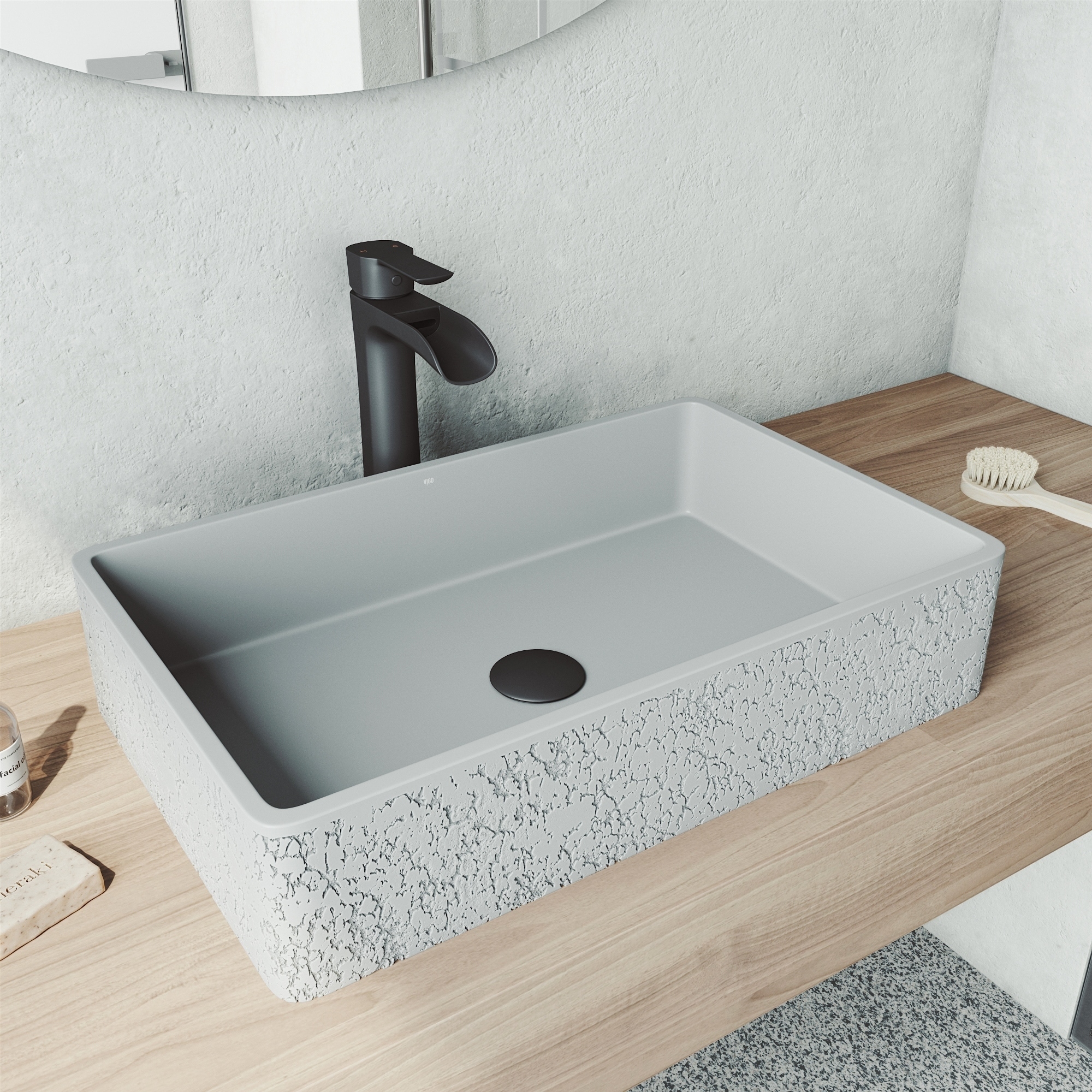Dahlia Rectangle Concrete Vessel Bathroom Sink Set In Ash With Faucet In Matte Black Overstock 30886487