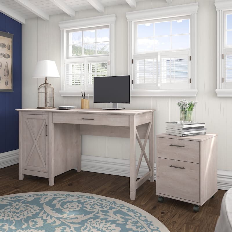 Key West 54W Computer Desk with Storage and Cabinet by Bush Furniture - Washed Gray
