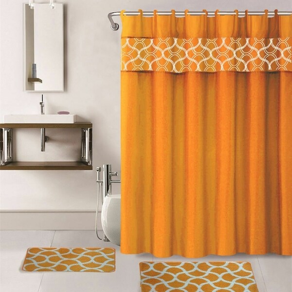 Orange Polyester Shower Curtain Set with Hooks and Bathmats 70" x 70