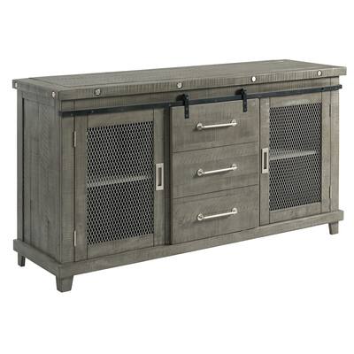 Mesh Design Wooden Server with Barn Sliding Door and 2 Cabinets, Brown