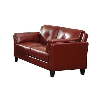 Faux Leather Upholstered Wooden Loveseat with Cushioned Armrests, Red