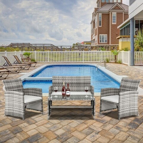 Outdoor 4-Piece Coastal Gray Wicker Conversation Set with White Cushions