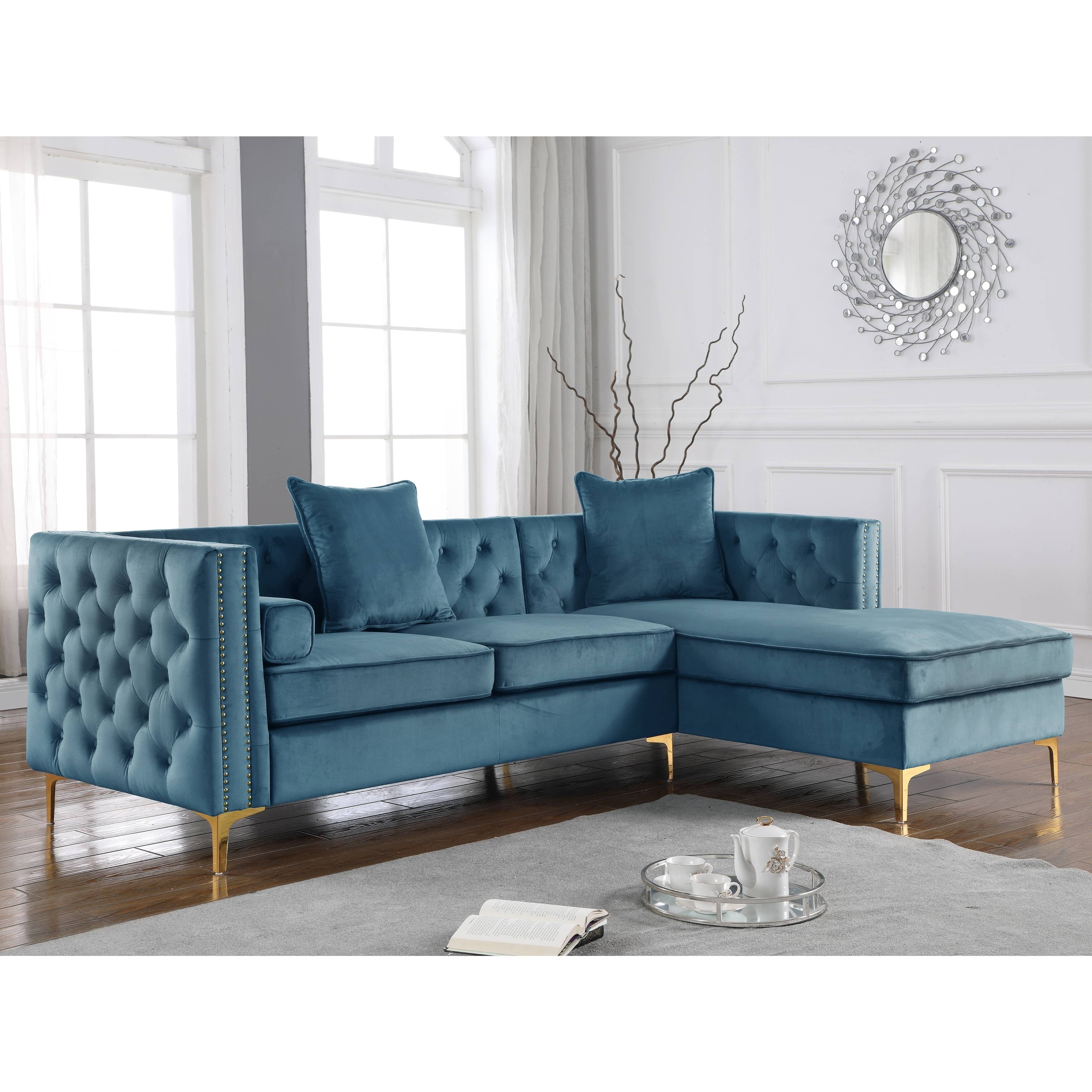 Best Quality Furniture Velvet Tufted Faux Crystal Sectional Sofas With Gold Stainless Steel Legs And Nailhead Trim Overstock 30894513