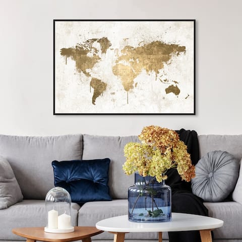 Oliver Gal Maps and Flags Wall Art Framed Canvas Prints 'Mapamundi White Gold' World Maps - Gold, White
