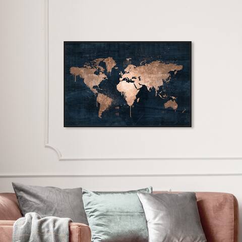 Oliver Gal Maps and Flags Wall Art Framed Canvas Prints 'Mapamundi Copper' World Maps - Bronze, Blue