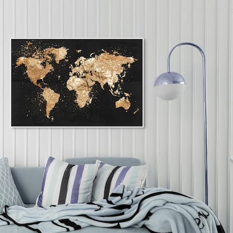 Oliver Gal Maps and Flags Wall Art Framed Canvas Prints 'Mapamundi on the Rocks Night' World Maps - Black, Gold