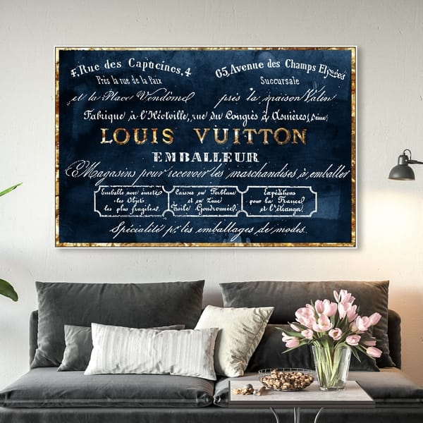 Oliver Gal Fashion and Glam Wall Art Framed Canvas Prints 'Emballeur Navy' Road Signs - Blue, Gold - 30 x 20