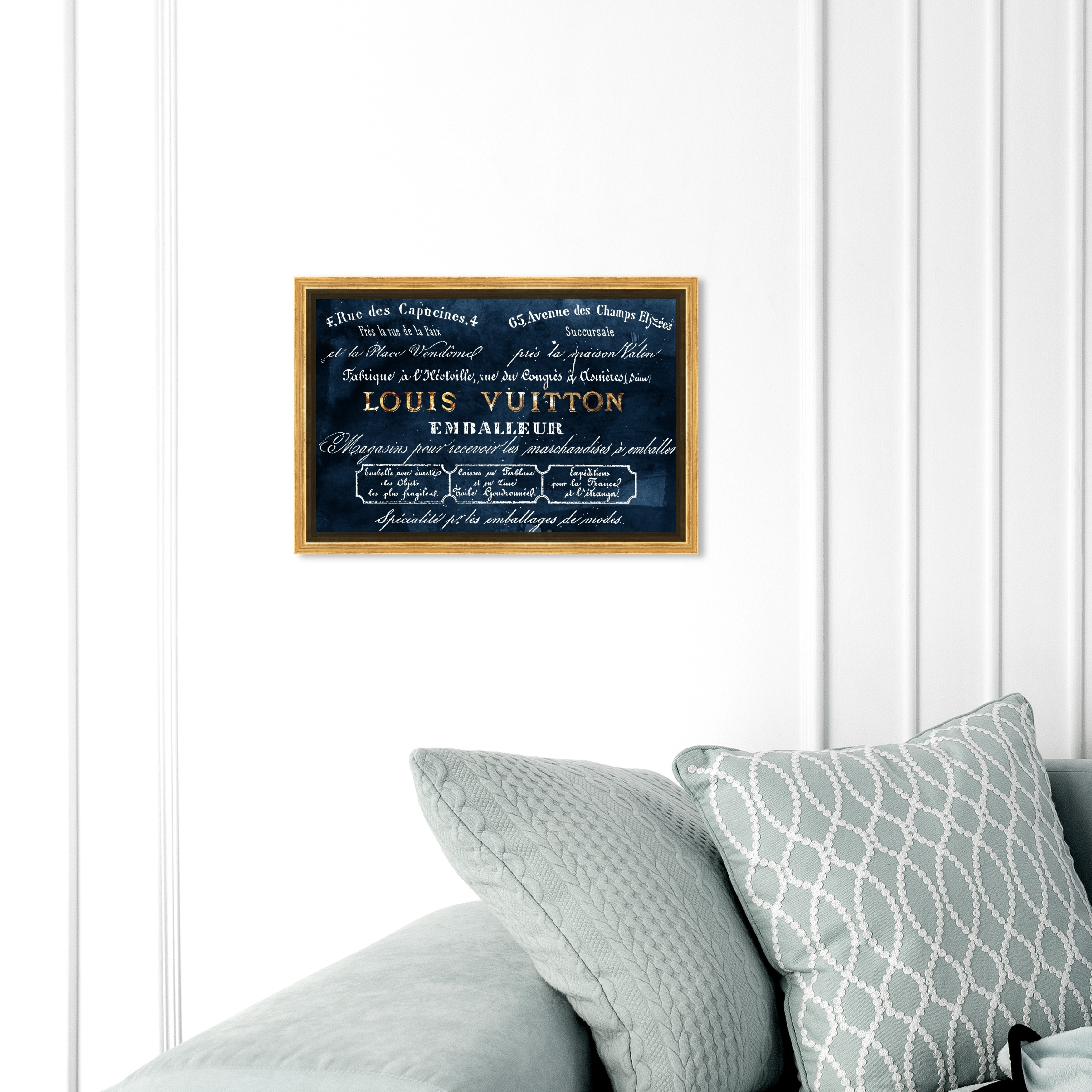 Oliver Gal Fashion and Glam Wall Art Framed Canvas Prints 'Emballeur Navy' Road Signs - Blue, Gold - 30 x 20