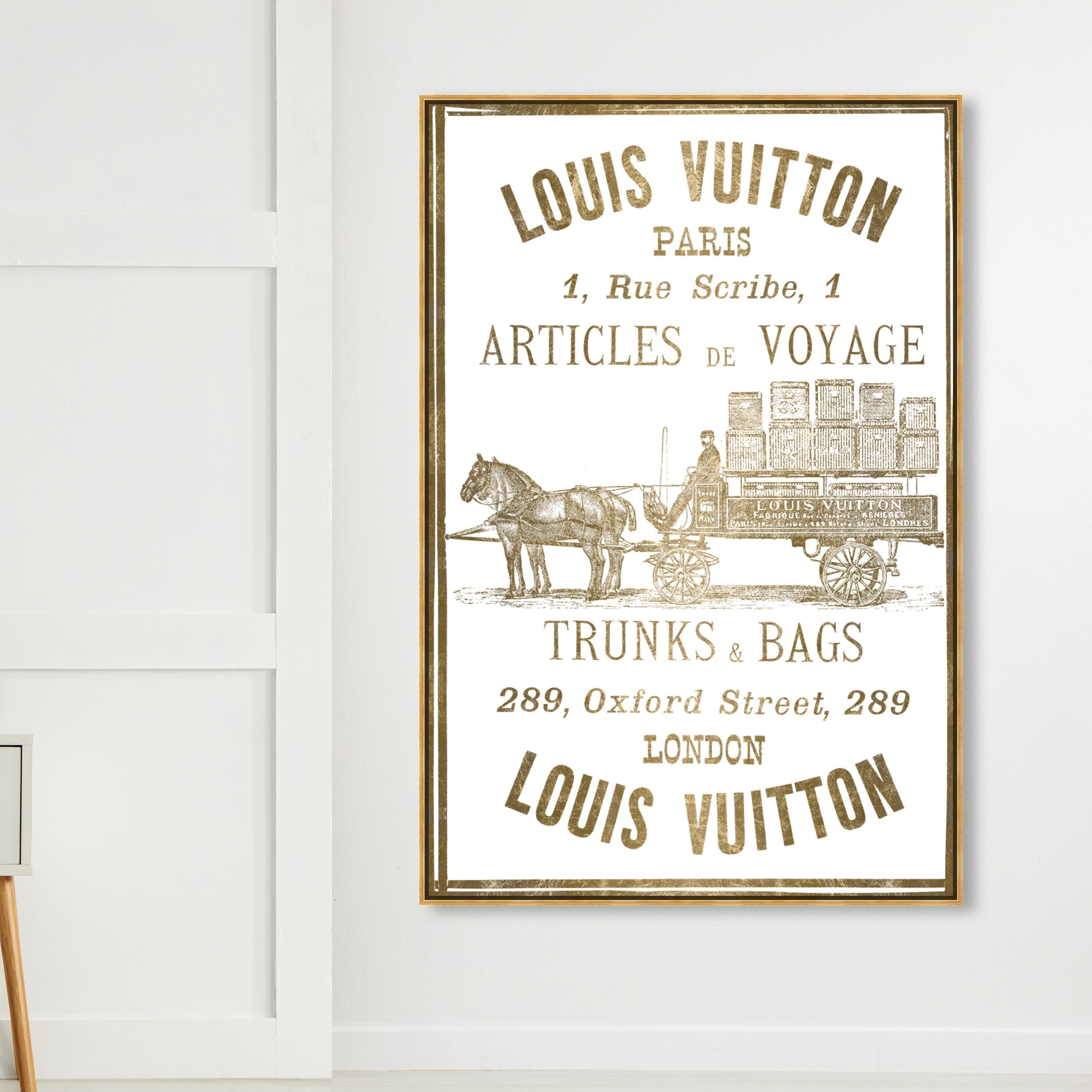 Oliver Gal Fashion and Glam Wall Art Framed Canvas Prints 'Articles de Voyage Gold Leaf' Road Signs - Gold, White - 30 x 45