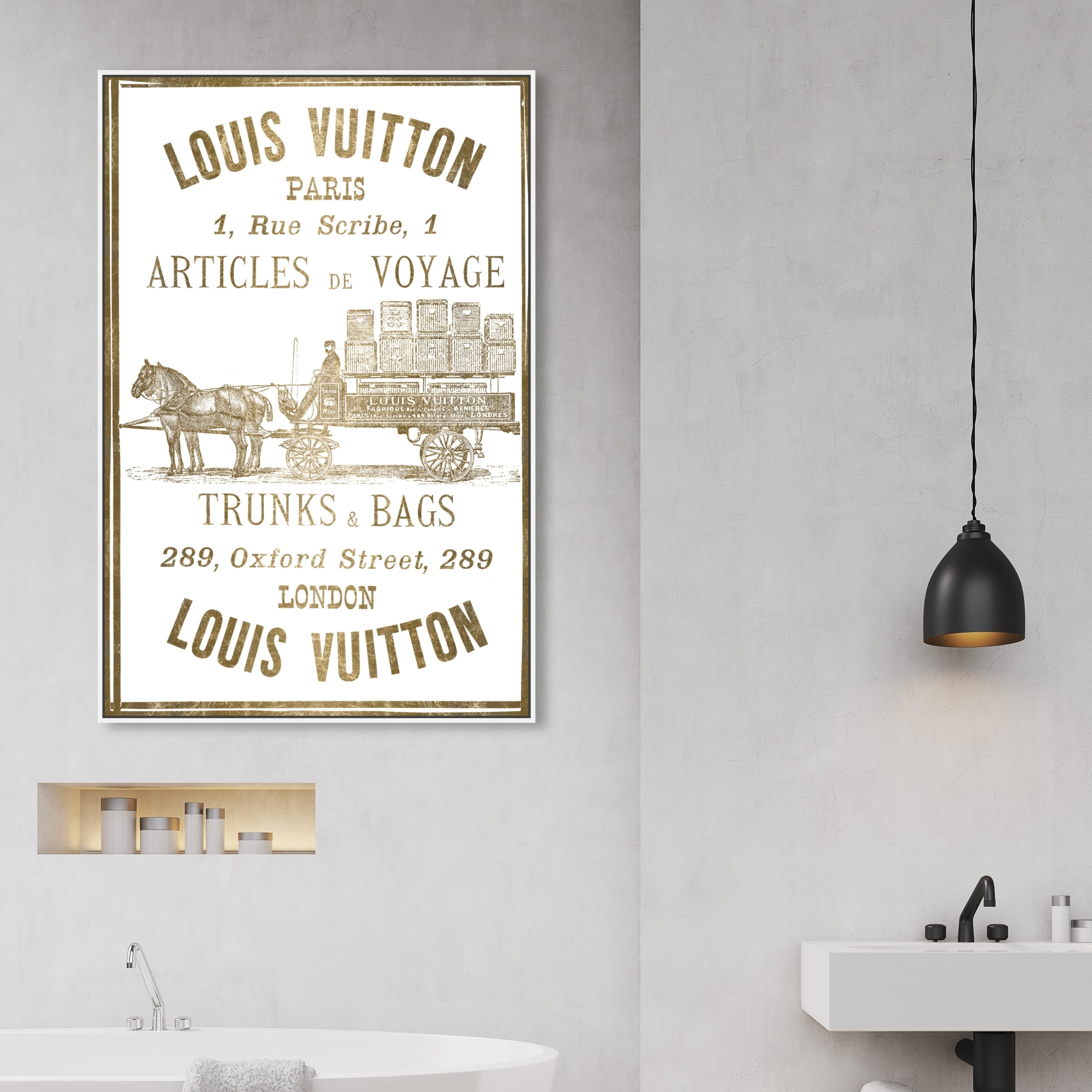 Oliver Gal Fashion and Glam Wall Art Framed Canvas Prints 'Articles de Voyage Gold Leaf' Road Signs - Gold, White - 30 x 45