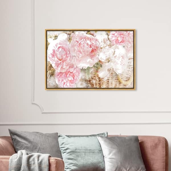 slide 1 of 25, Oliver Gal Floral and Botanical Wall Art Framed Canvas Prints 'Basket O' Roses' Florals - Pink, Green 36 x 24 - Gold
