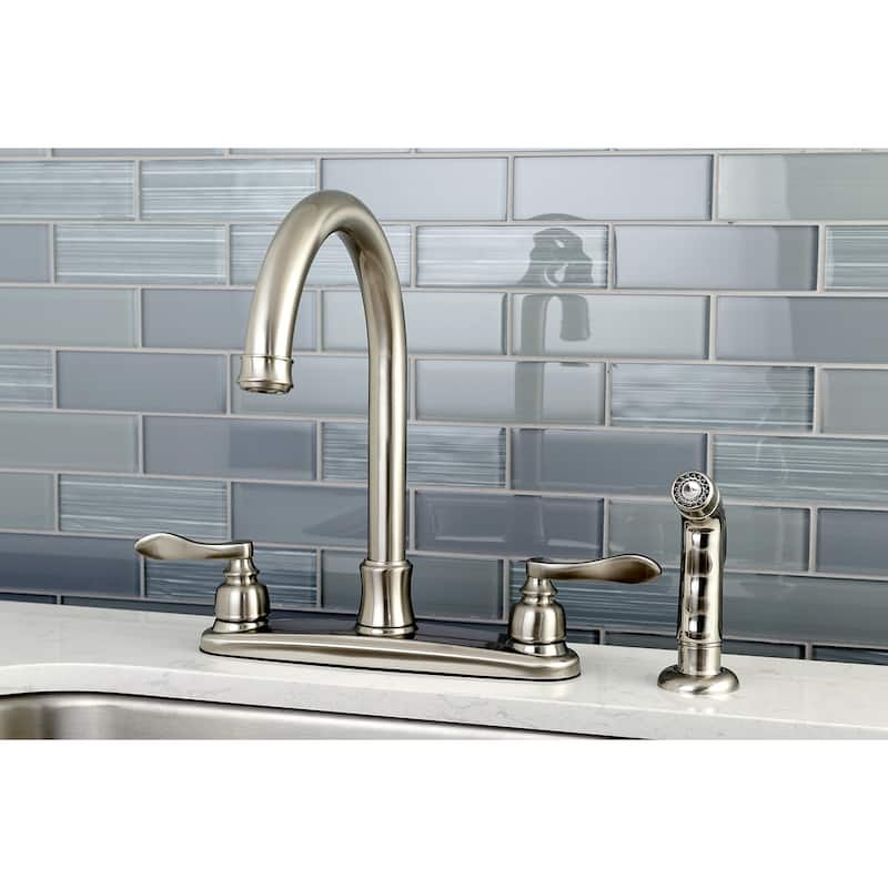 Kingston Brass Royale 8-Inch Centerset Kitchen Faucet with Sprayer - Brushed Nickel- NuWave French Handles