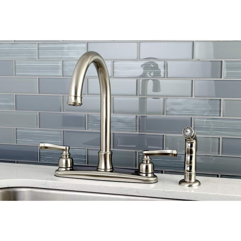 Kingston Brass Royale 8-Inch Centerset Kitchen Faucet with Sprayer - Brushed Nickel- Royale Handles