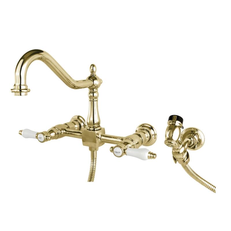 Kingston Brass Bel-Air Wall Mount Bridge Kitchen Faucet with Brass Sprayer - Polished Brass
