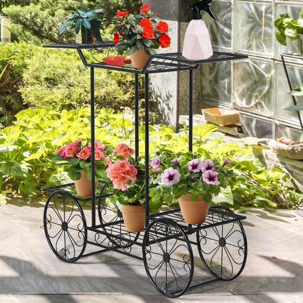 2 Tier Stand Shelf Black/White Elegant Garden Display Flower Pot Holder Decors 