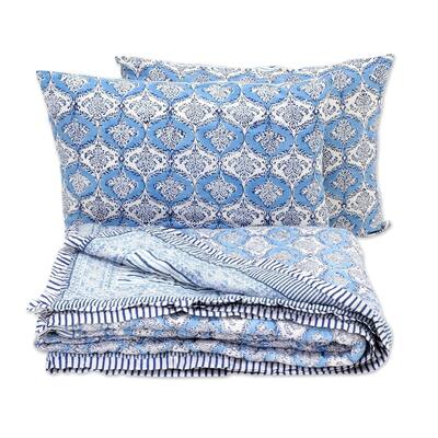 Handmade Blue Vines block Printed Cotton Quilt And Pillowcase Set (india)
