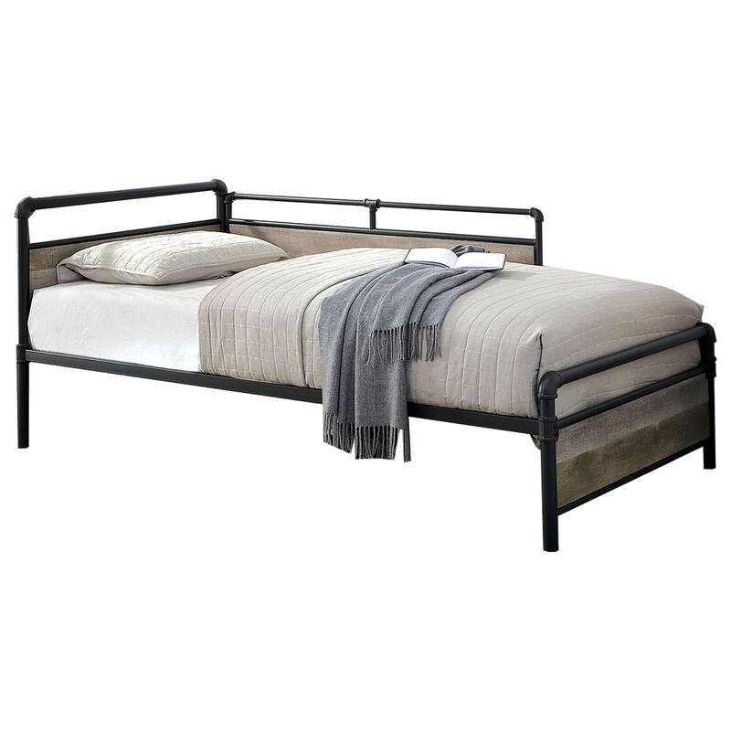 Industrial Pipe Design Metal Daybed with Wooden Panels, Black