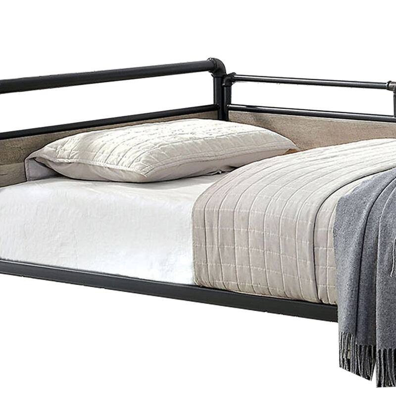 Industrial Pipe Design Metal Daybed with Wooden Panels, Black