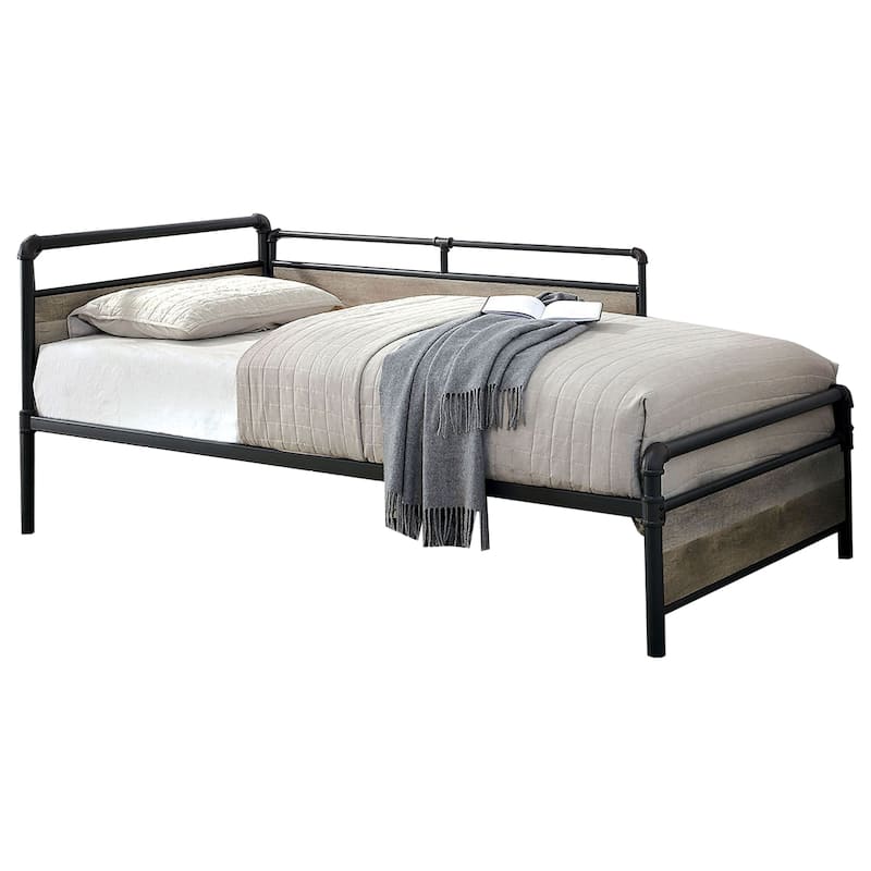 Industrial Pipe Design Metal Daybed with Wooden Panels, Black