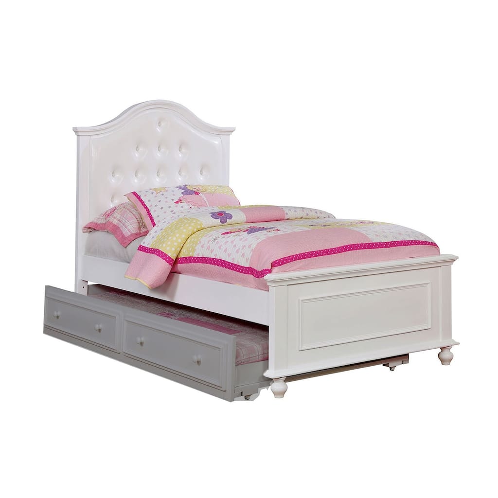 Wooden Twin Size Bed with Camelback Design Headboard and Turned Legs, White
