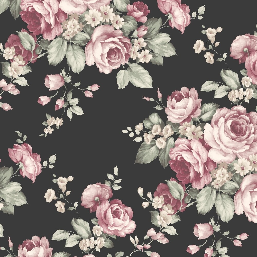 Patton Wallcoverings Grand Floral Wallpaper in Black, Ebony, Plum and Pinks