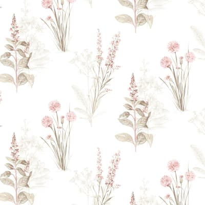 Flora Wallpaper in Pink, Khaki & Grey