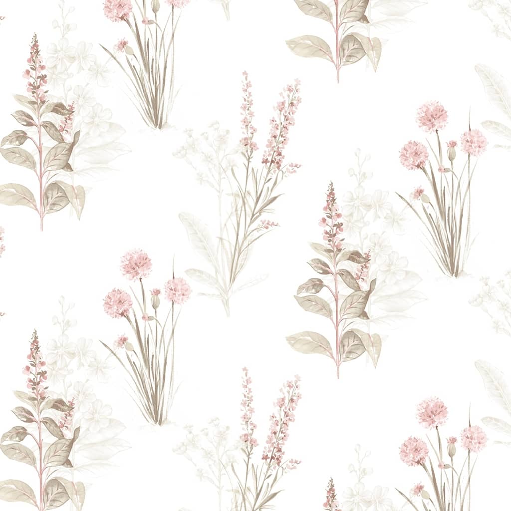 Flora Wallpaper in Pink, Khaki & Grey