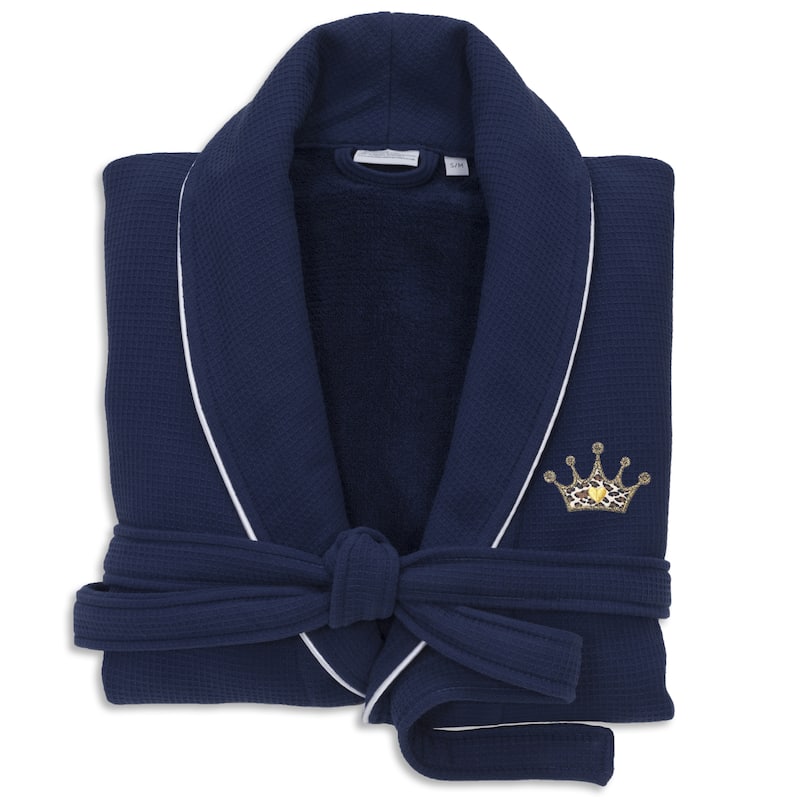 Authentic Hotel and Spa 100% Turkish Cotton Waffle Terry Bathrobe with Satin Piped Trim and Embroidered Cheetah Crown Design - Navy - Small/Medium