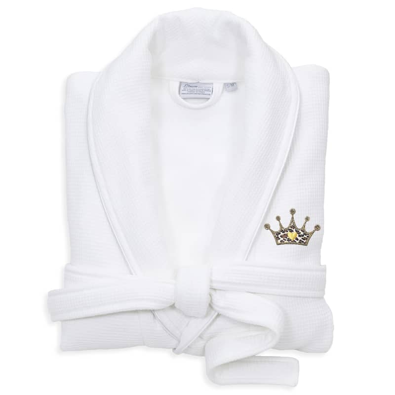 Authentic Hotel and Spa 100% Turkish Cotton Waffle Terry Bathrobe with Satin Piped Trim and Embroidered Cheetah Crown Design - White - Small/Medium